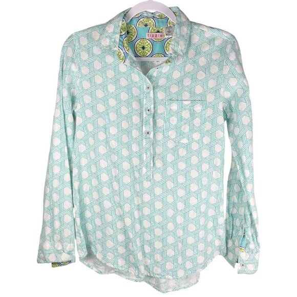 Tizzie Blue White Woven Rope Print Linen Blend Coastal Henley Blouse Size Small - Picture 1 of 6